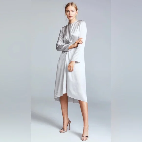 NWT Vince Twist-front Long-sleeve Silk Midi Dress In Grey